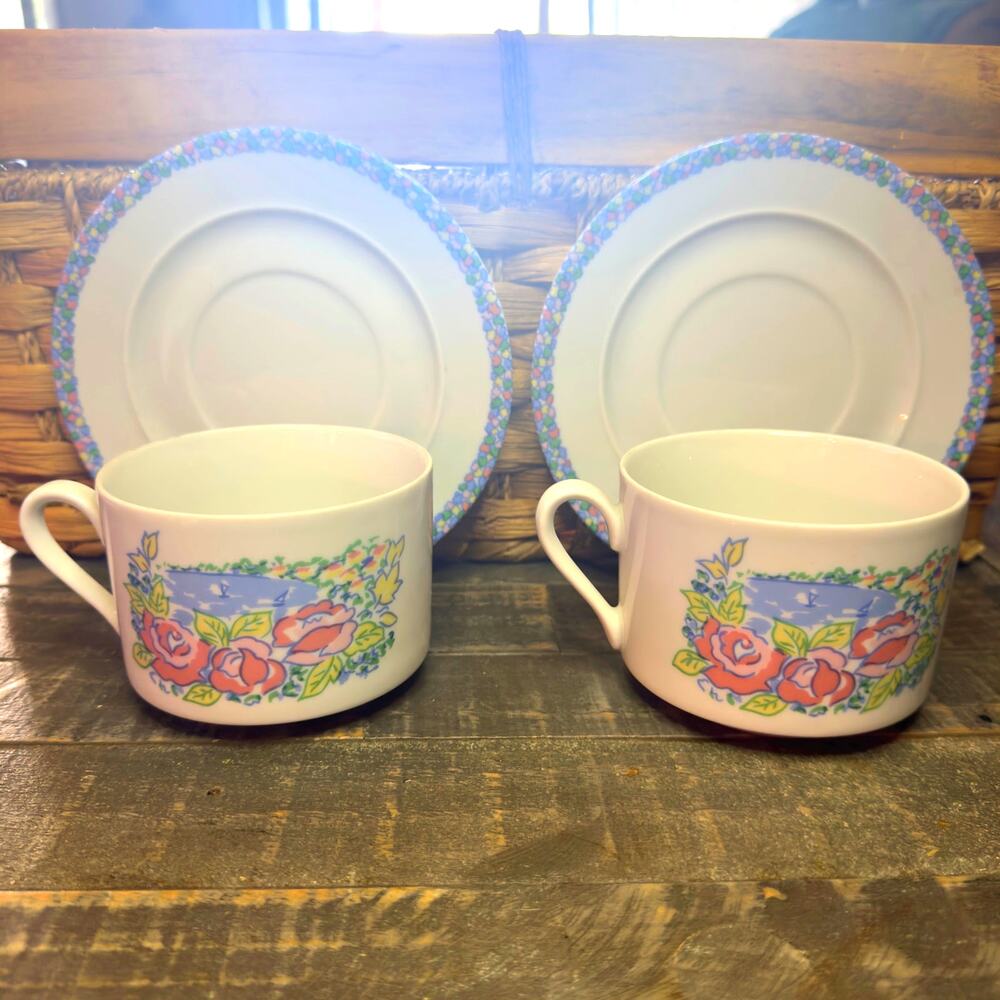 ALPAC Vintage Porcelain Large Cups And Saucers‎ With Floral & Water Depiction